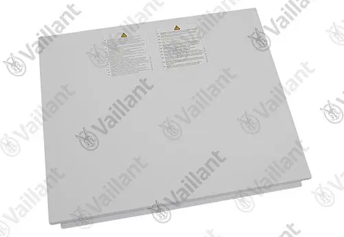 Vaillant Abdeckung in grauer Farbe mit klaren Warnhinweisen, platziert auf einem neutralen Hintergrund.